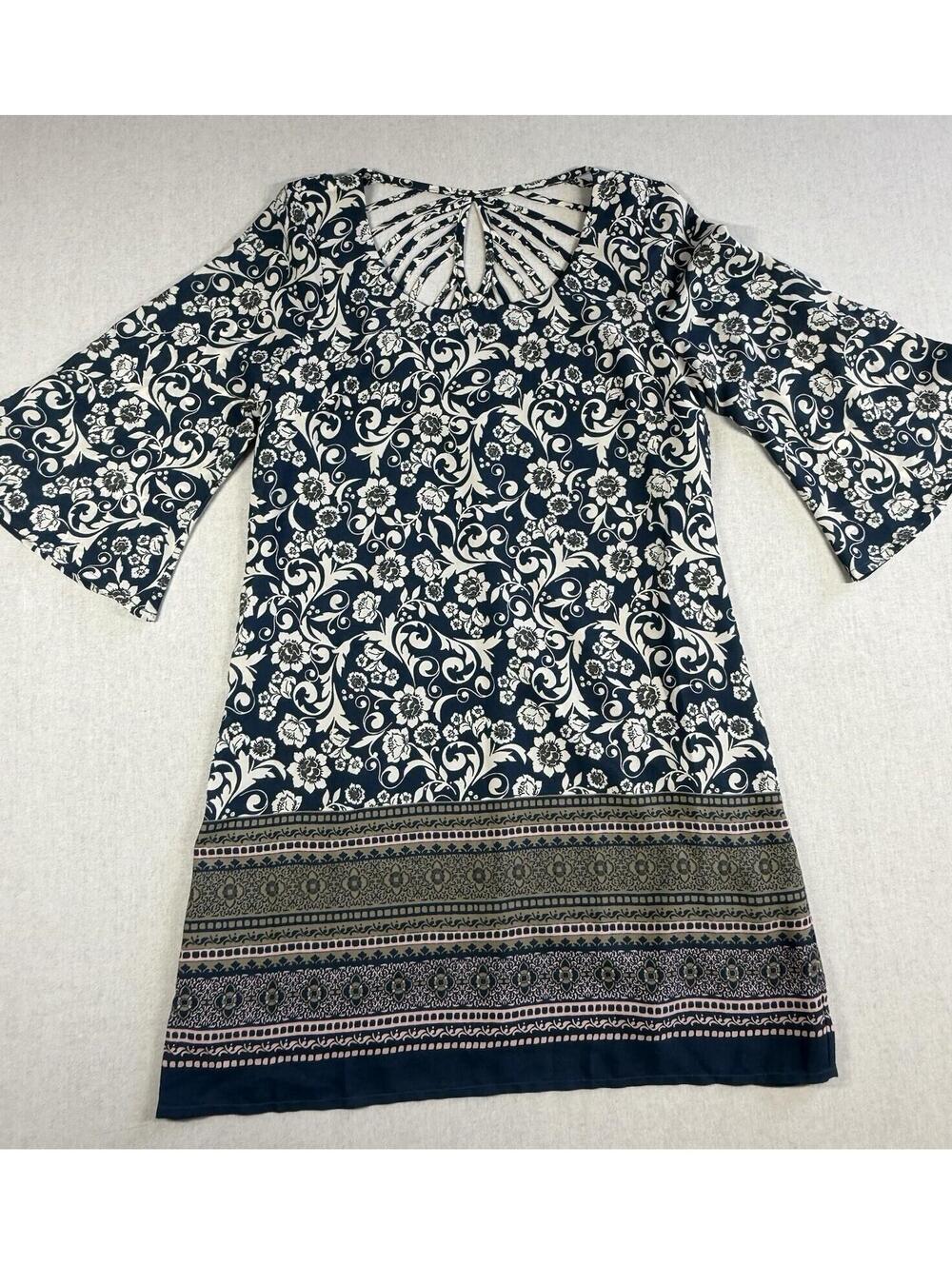 As U Wish Dress Women Sz XS Blue Fit & Flair Long Bell Sleeve Knee Length Boho